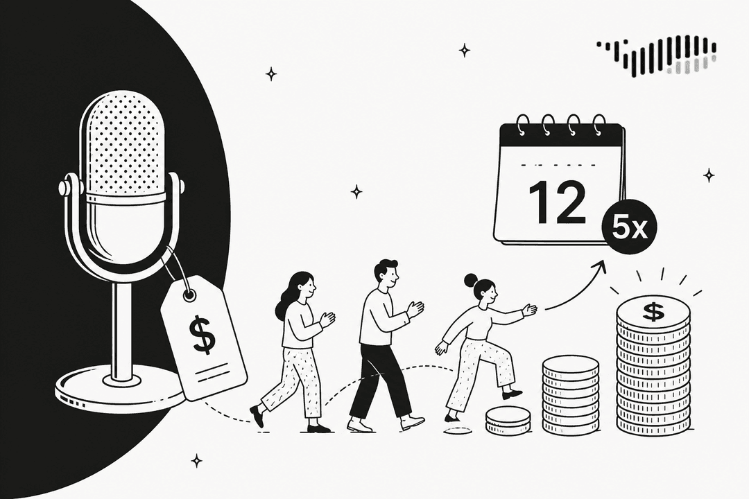 Hand-drawn illustration of a studio microphone with a price tag, three people walking toward growing stacks of coins, and a calendar showing the 12th with a 5x badge