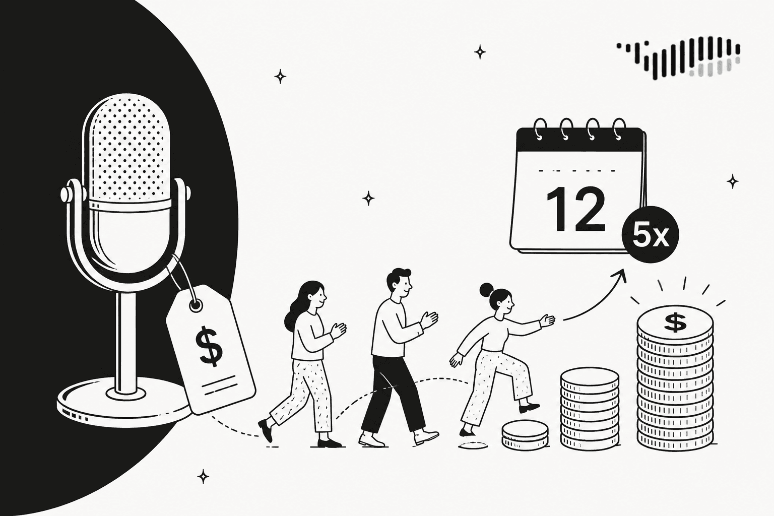 Hand-drawn illustration of a studio microphone with a price tag, three people walking toward growing stacks of coins, and a calendar showing the 12th with a 5x badge