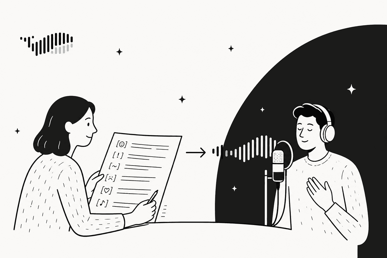 Hand-drawn illustration of a director holding a script full of bracketed emotion cues while a voice actor at a microphone turns them into sound waves, with the Fish Audio logo