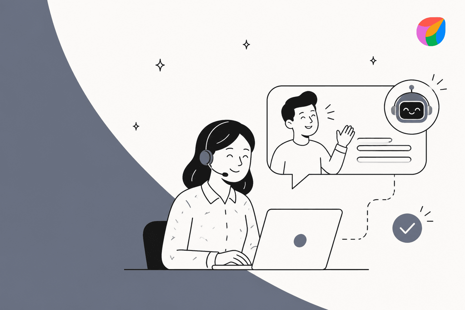 Illustration of an AI detecting a customer thank-you message so a resolved support ticket stays closed