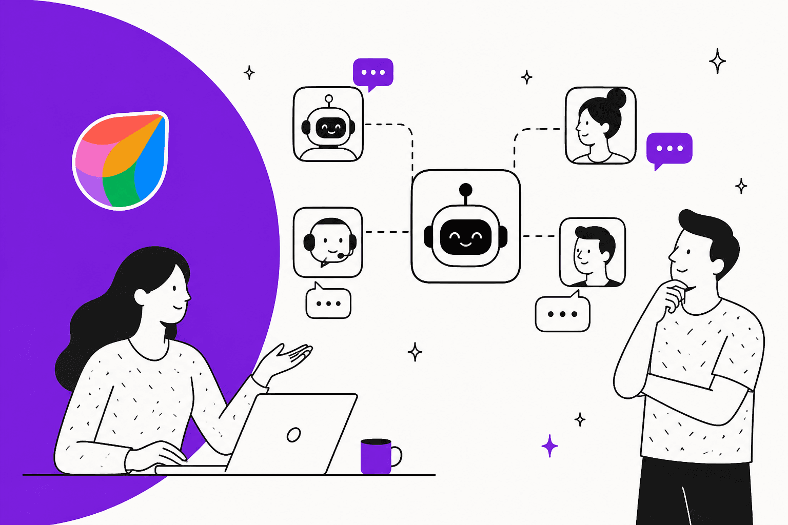 Hand-drawn illustration of a support team choosing between several AI chat agents connected to Freshchat