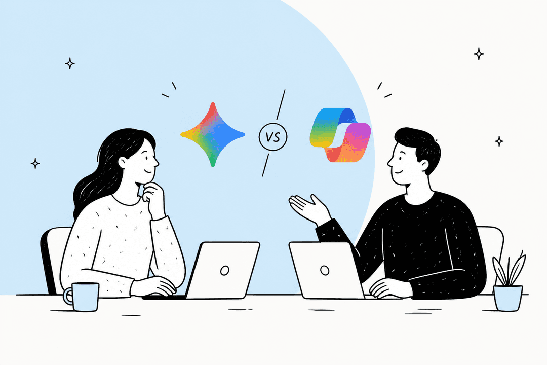 Illustration of two people at laptops comparing the Gemini and Microsoft Copilot logos