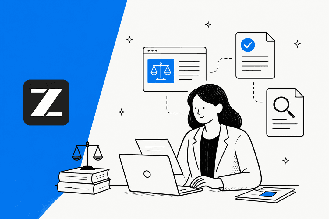 Hand-drawn illustration of a lawyer at a laptop reviewing contracts and evidence files next to the Z.ai logo, for a post on GLM-Legal
