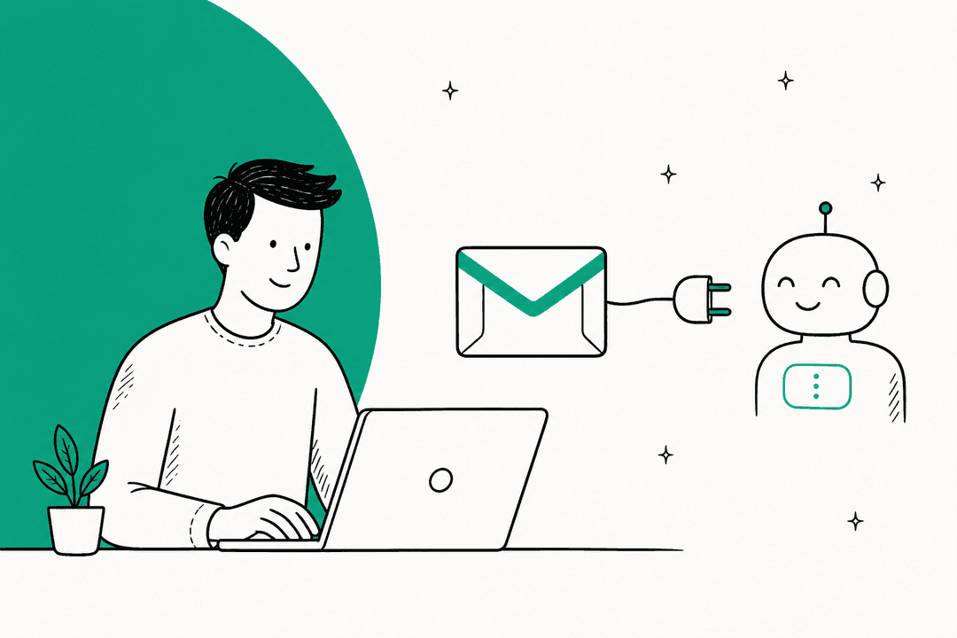 Illustration of a person at a laptop with a Gmail envelope plugged into an AI agent robot