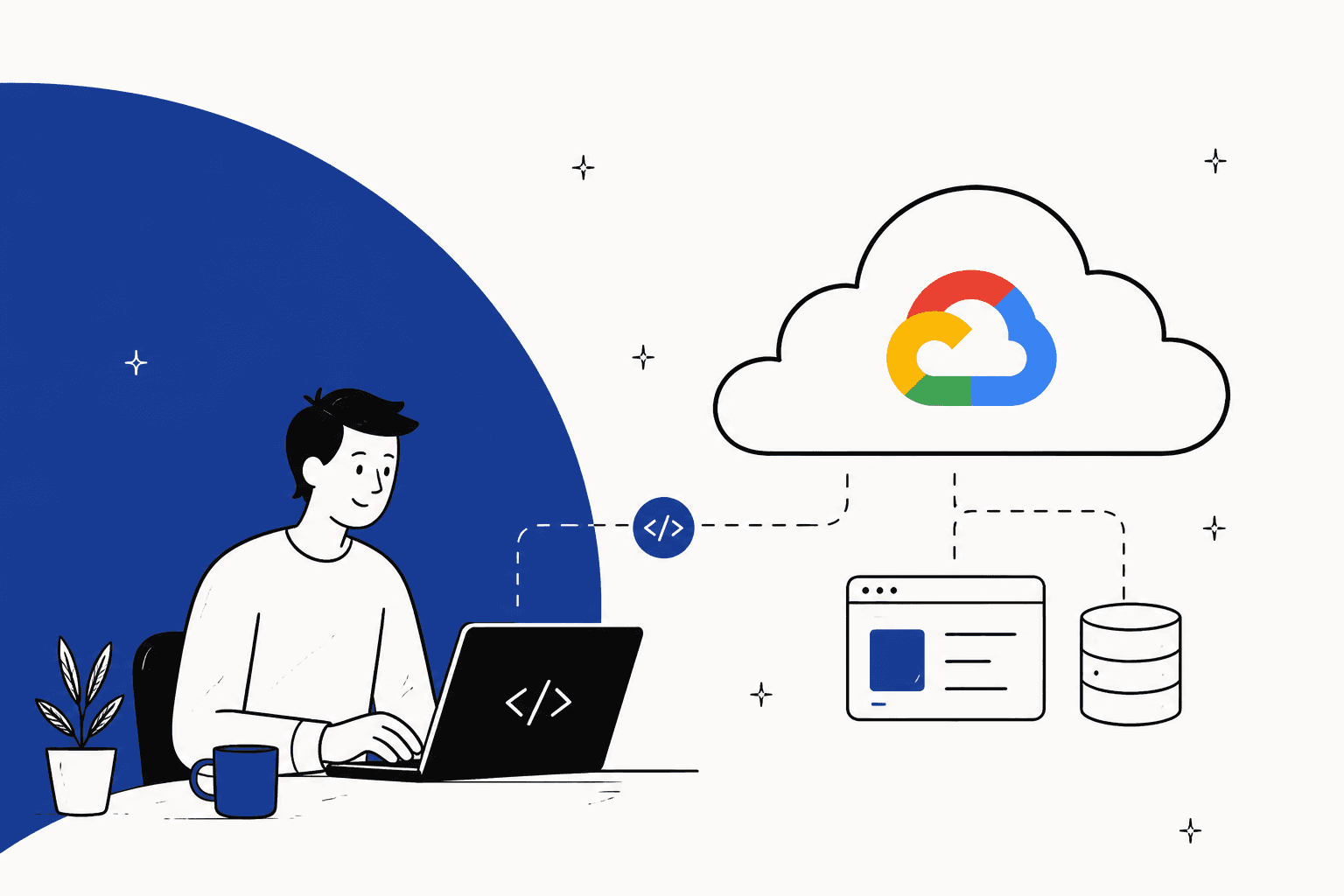Hand-drawn illustration of a developer at a laptop connected to a Google Cloud icon, for Claude Code on Google Vertex AI (2026)
