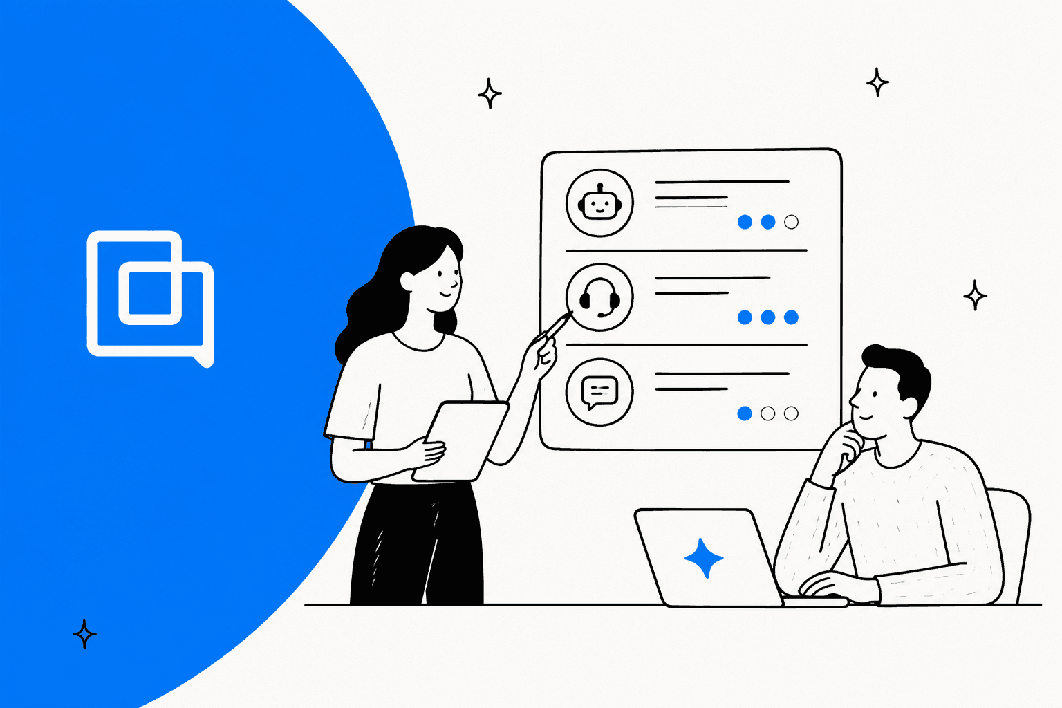 Illustrated hero banner for Gorgias Automate pricing in 2026, with two support teammates reviewing automation, in Gorgias blue