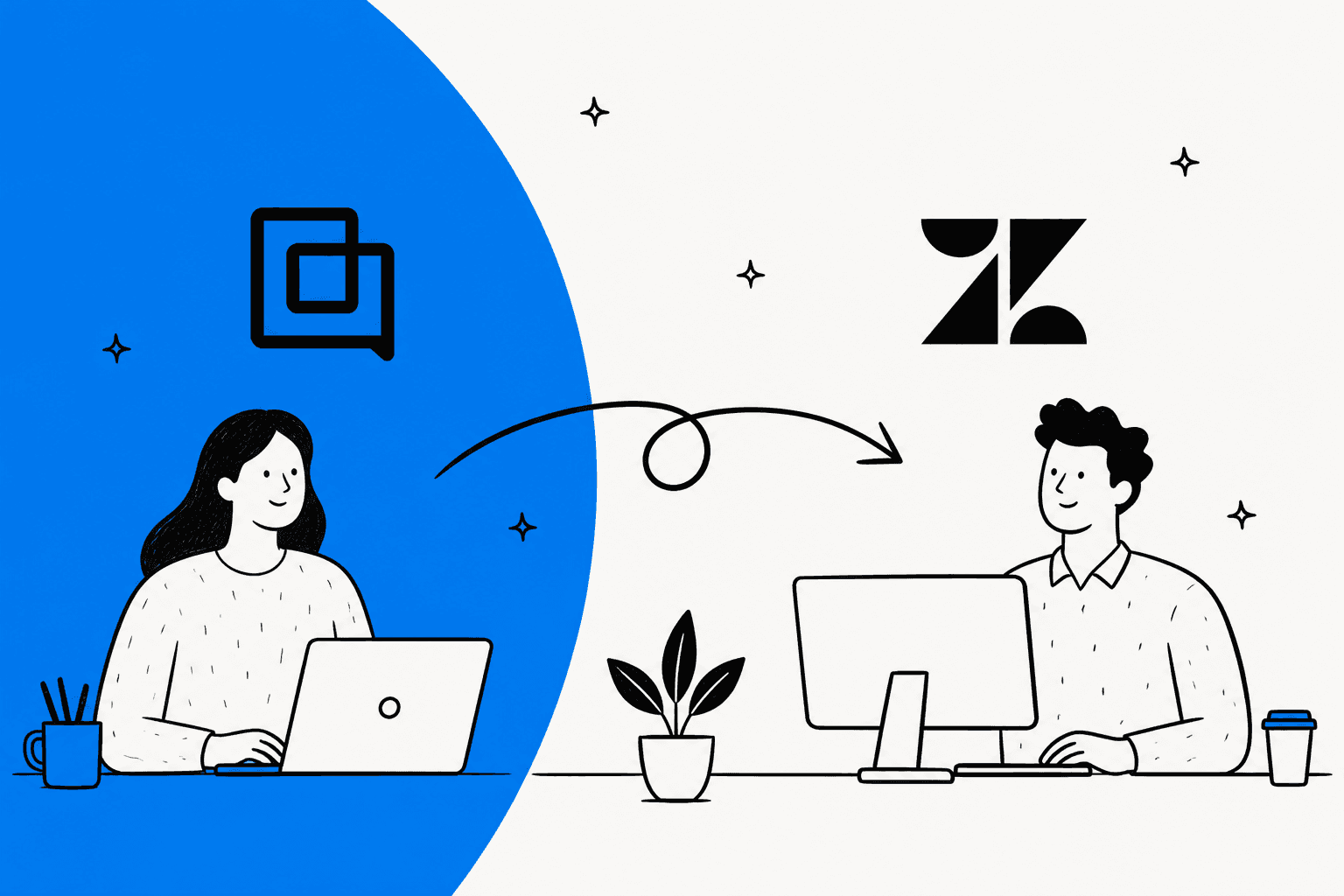 Hand-drawn illustration of a support agent at a Gorgias laptop and a colleague at a Zendesk desktop, linked by a looping arrow from one logo to the other