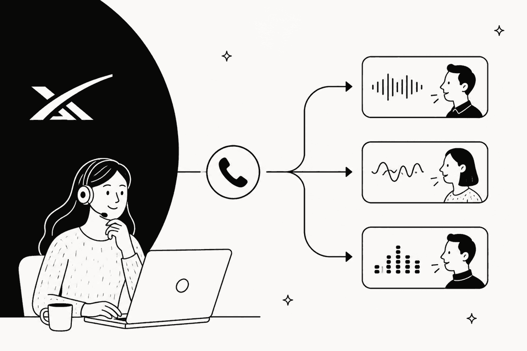 Hand-drawn illustration of a support agent at a laptop with the xAI logo behind her, and a phone call branching out to three different voice engines