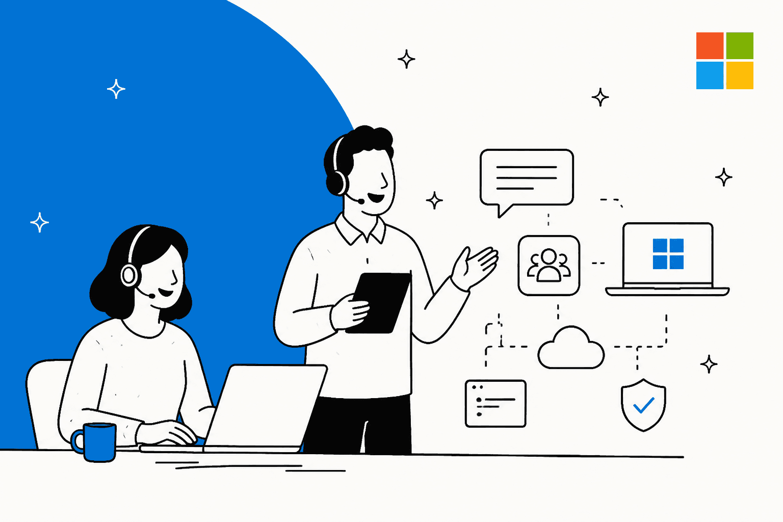 Illustration of two support agents with headsets next to a diagram of connected chat, device and cloud icons