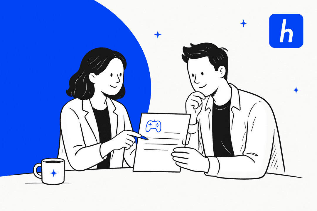 Hand-drawn illustration of two colleagues reviewing a single custom quote sheet with a game controller icon, beside the Helpshift logo