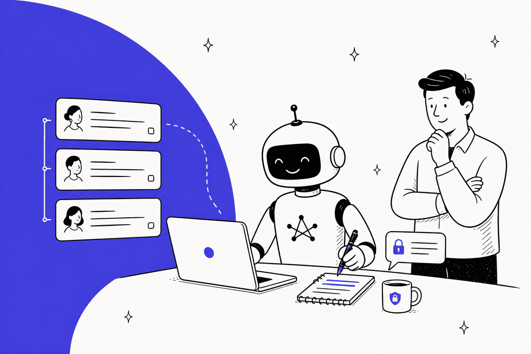 Hand-drawn illustration of a friendly robot agent at a laptop writing a private note from a stack of support tickets while a support lead watches