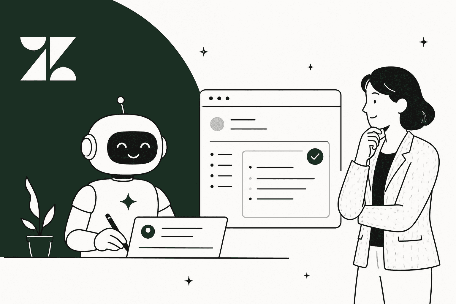 Hand-drawn illustration of a friendly robot agent writing a ticket note at a laptop next to the Zendesk logo while a support lead looks on
