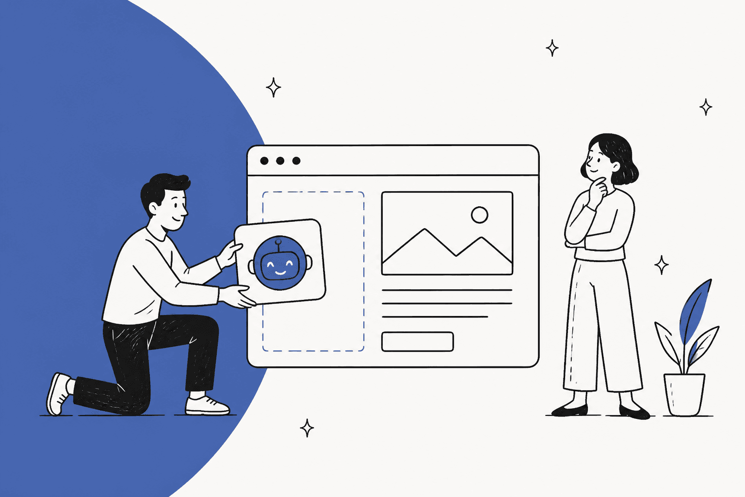 Hand-drawn illustration of a person fitting a friendly robot chat card into an empty slot on a website wireframe while a colleague watches, on a slate blue background