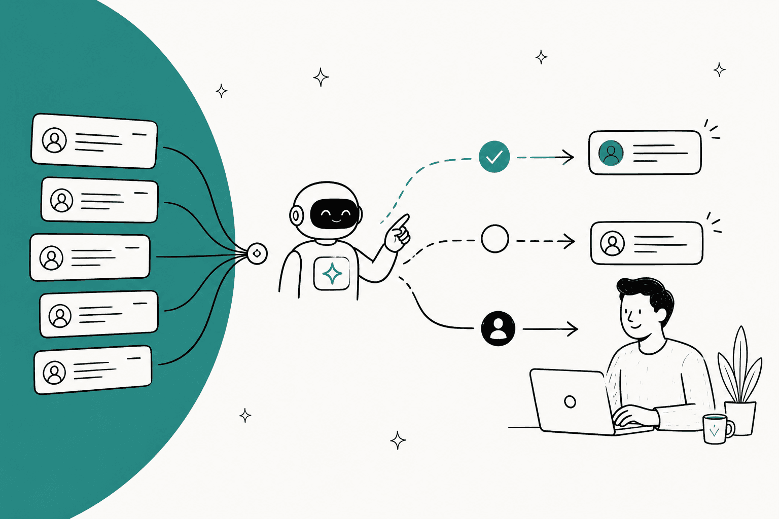 Hand-drawn illustration of a stack of support tickets flowing to an AI teammate that resolves some, drafts others, and hands the rest to a human agent at a laptop