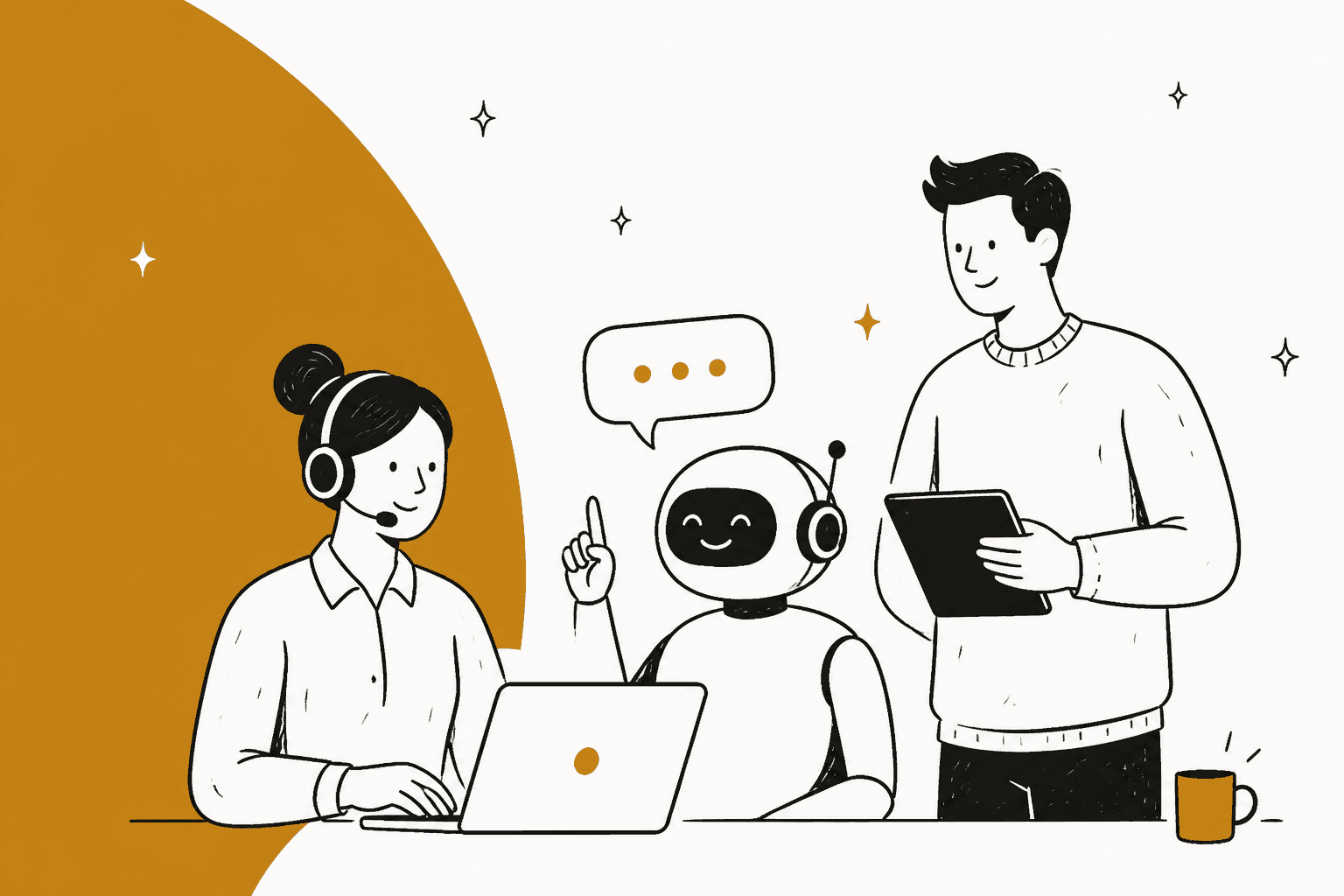 Hand-drawn illustration of a support agent with a headset, a friendly robot and a colleague holding a tablet working together at a desk, on an ochre background