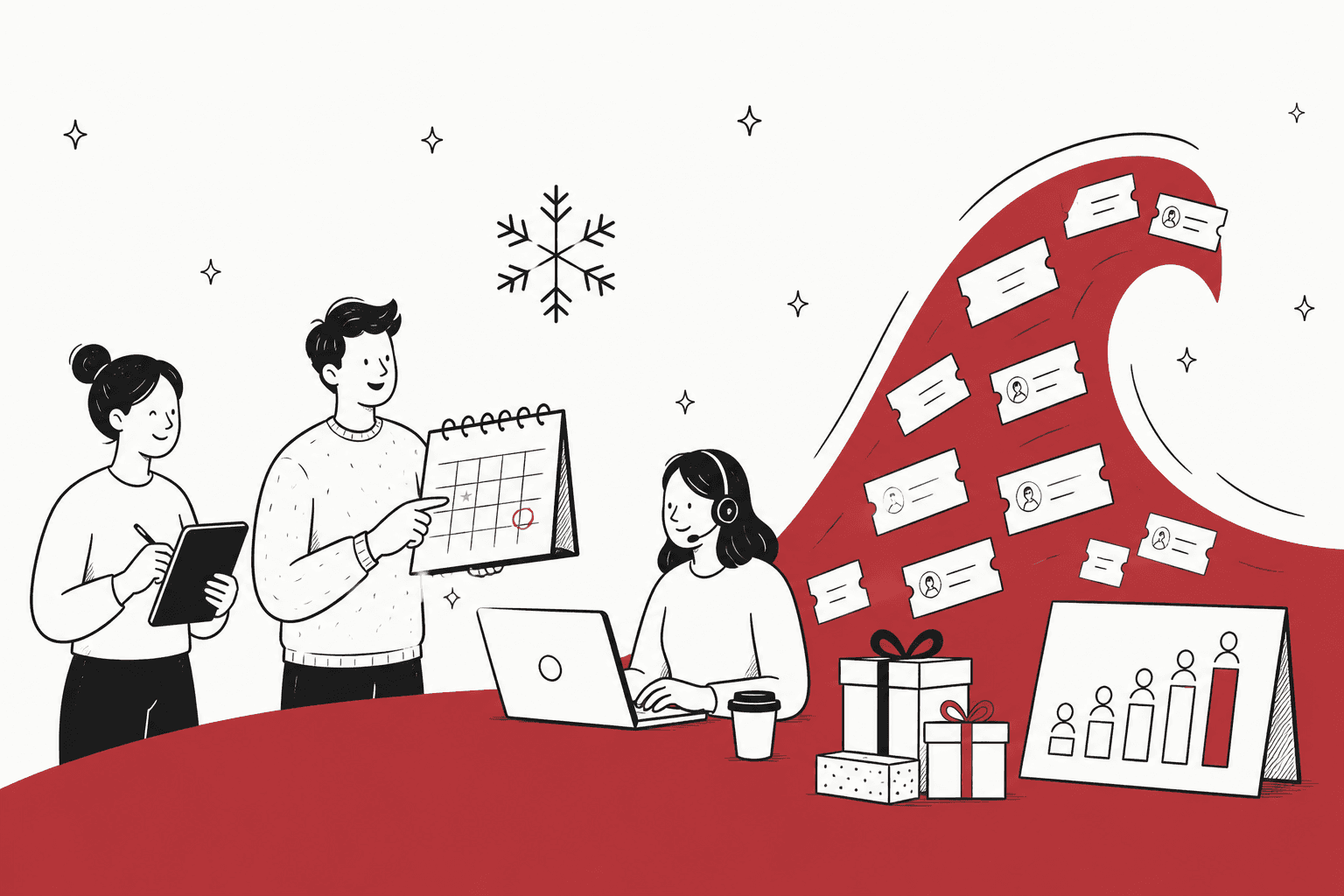Hand-drawn illustration of a support team with a calendar and laptop while a wave of ticket cards crashes over gift boxes and a staffing chart, on a cranberry red background