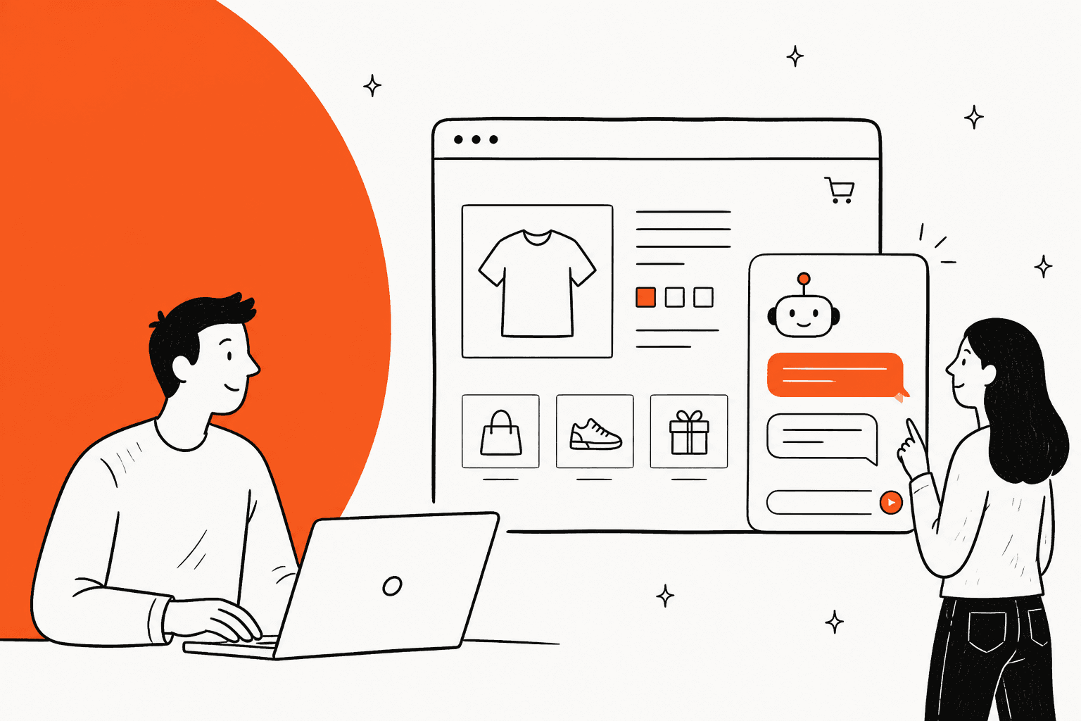 Illustration of a Magento store with an AI chat widget answering a shopper