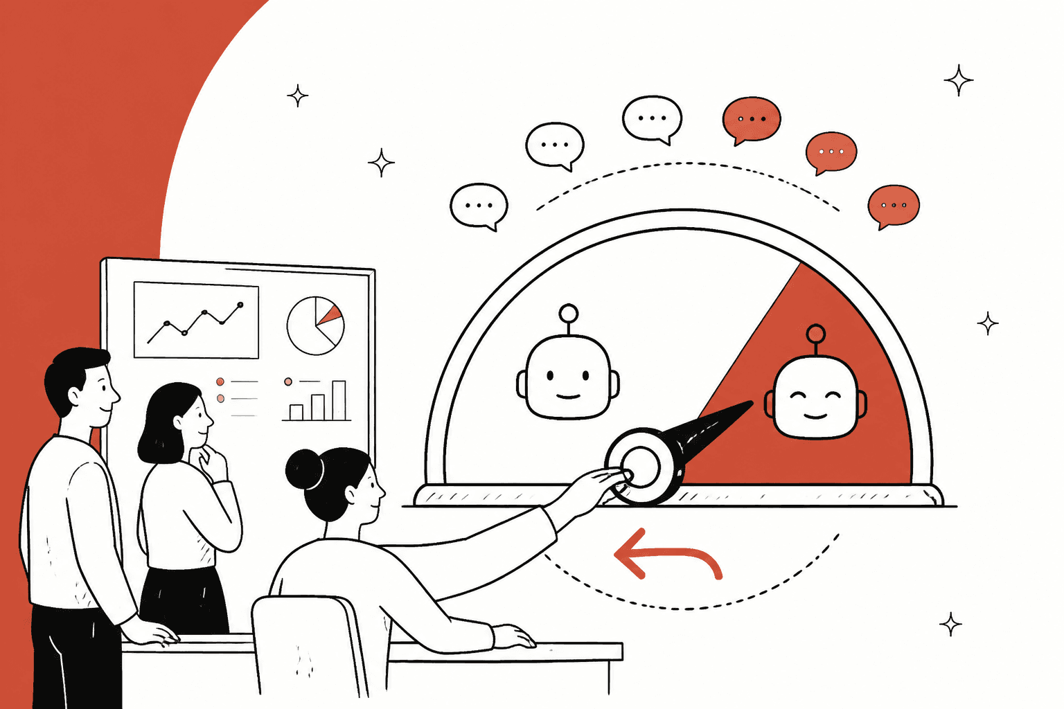 Hand-drawn illustration of three support team members watching a dial shift incoming conversations from an old AI robot to a new AI robot, with a rollback arrow beneath, on a brick red background