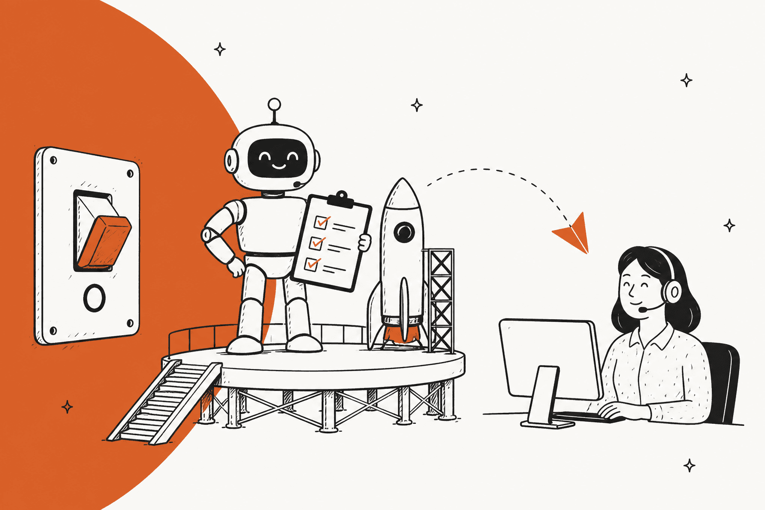 Hand-drawn illustration of a smiling support robot holding a checklist on a launch pad next to a rocket, a large off switch on the left and a dashed arrow handing off to a human support agent at a desk, on a burnt orange background