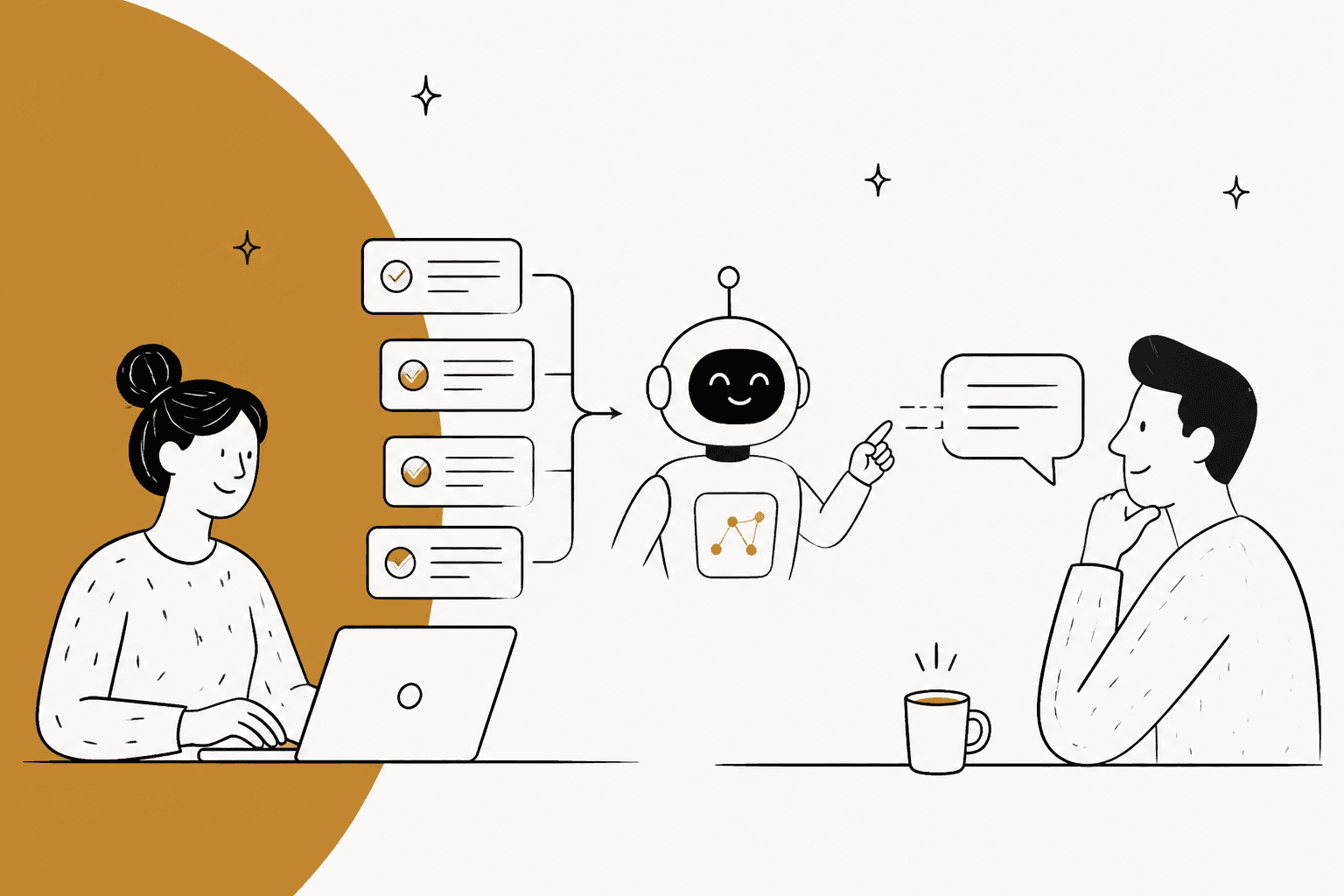 Hand-drawn illustration of a support agent at a laptop feeding a column of checked past tickets into a friendly robot, which passes a reply to a customer holding a coffee, on an ochre background