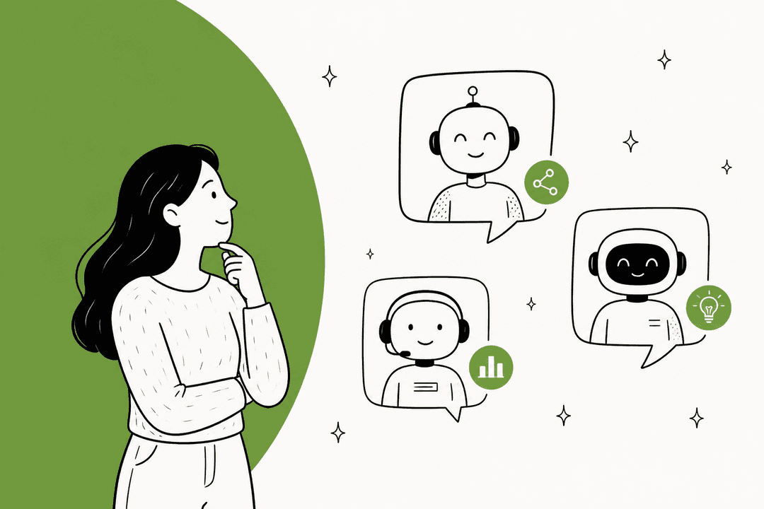 Hand-drawn illustration of a woman beside a green half circle looking at three friendly chatbot avatars