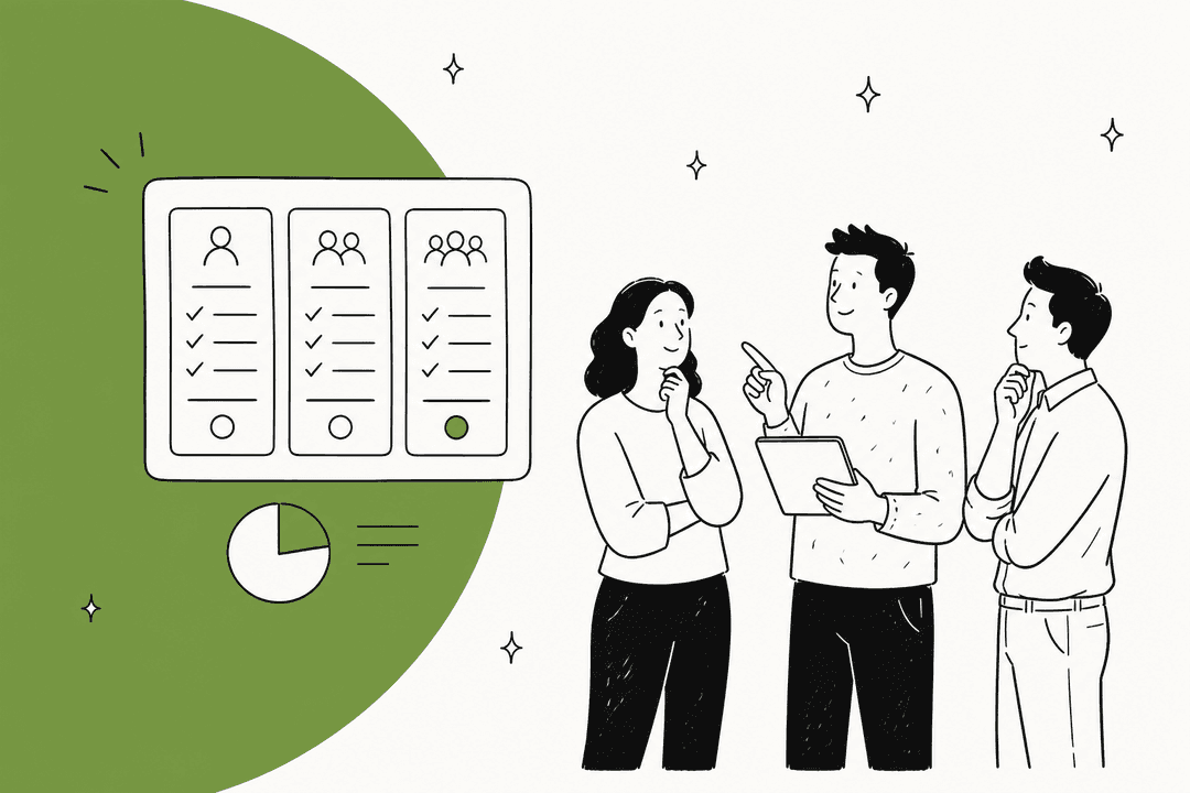 Hand-drawn illustration of three people looking at a three-column pricing board next to a green half circle