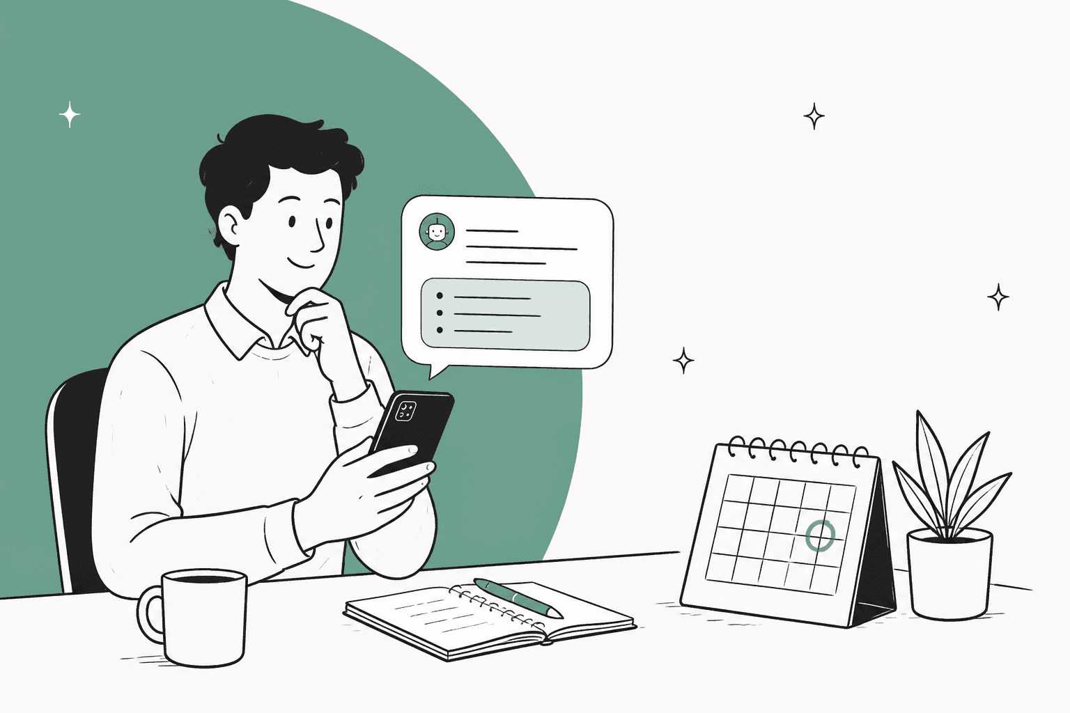 Hand-drawn hero banner of a man at a desk reading a short meeting brief in a text bubble on his phone, with a desk calendar with one day circled, an open notebook and a coffee mug