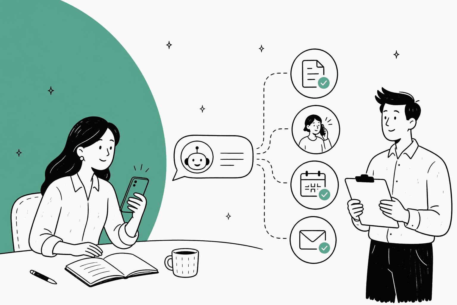 Hand-drawn hero banner of a woman at a desk texting a friendly AI agent on her phone, with dashed lines out to a document, a phone call, a calendar and an email, each ticked off, while a colleague reads a clipboard