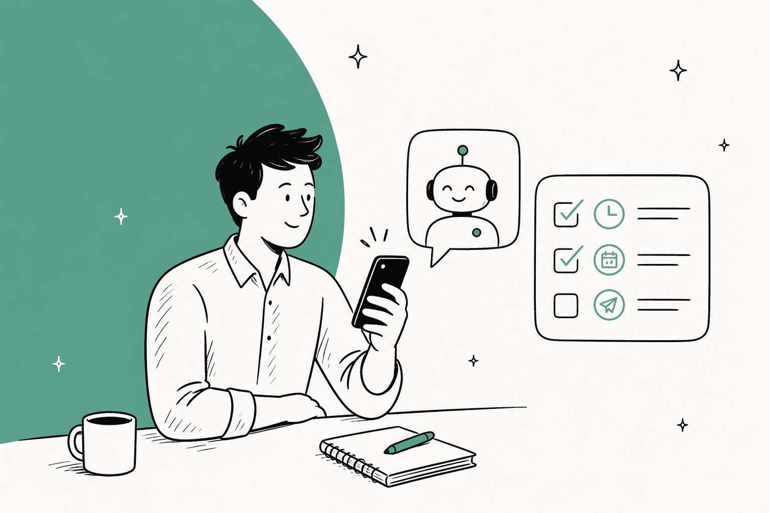 Hand-drawn hero banner of a man at a desk texting a friendly AI agent on his phone, next to a checklist with two items ticked and one still open