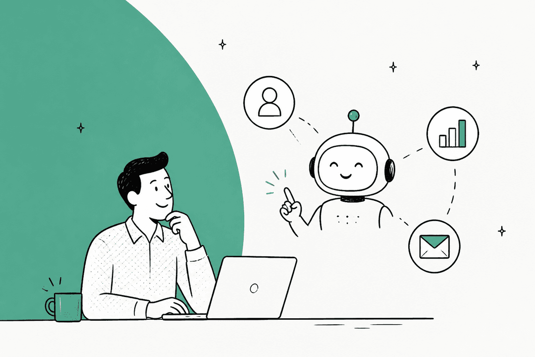 Hand-drawn hero banner of a sales rep at a laptop with a friendly robot assistant pointing to icons for a contact, a bar chart and an email, on a sage green background