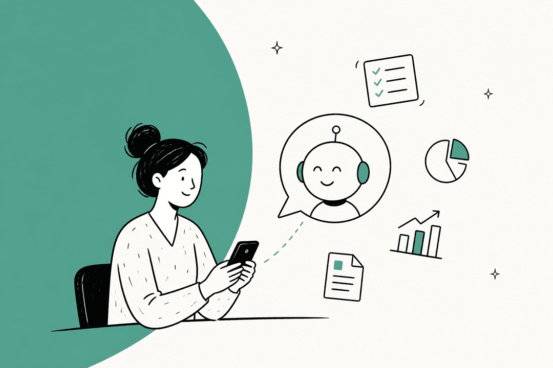 Hand-drawn hero banner of a woman at a desk texting a friendly AI agent on her phone, surrounded by a checklist, a document and two small charts