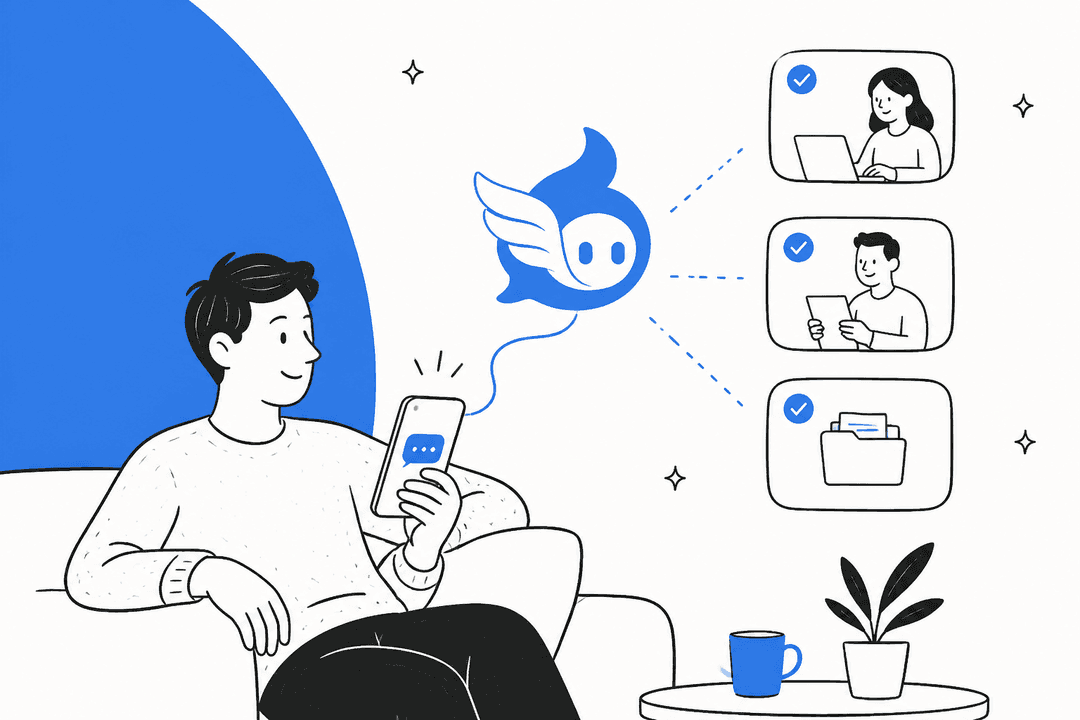 Hand-drawn hero banner for an Iris Hermes Agent review, showing a person texting from an armchair while the winged Iris mascot hands tasks to three people on a blue shape