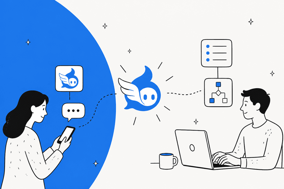 Hand-drawn hero banner showing a person texting the winged Iris mascot on a phone on one side and a person running an agent workflow on a laptop on the other