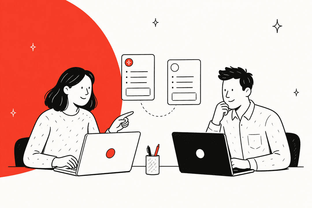 Illustration of two teammates comparing Jasper and Copy AI on their laptops, titled Jasper vs Copy AI for 2026