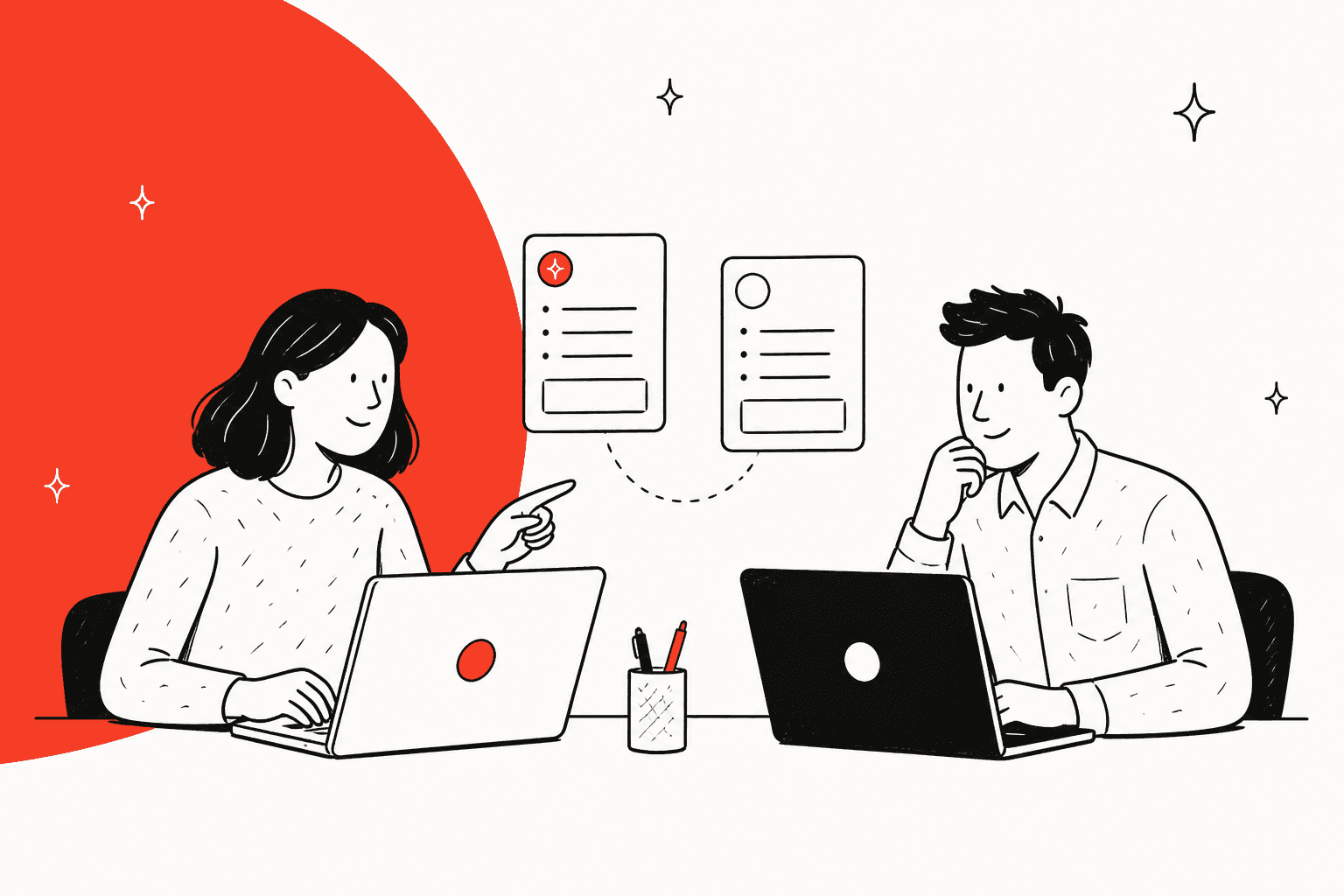Illustration of two teammates comparing Jasper and Copy AI on their laptops, titled Jasper vs Copy AI for 2026
