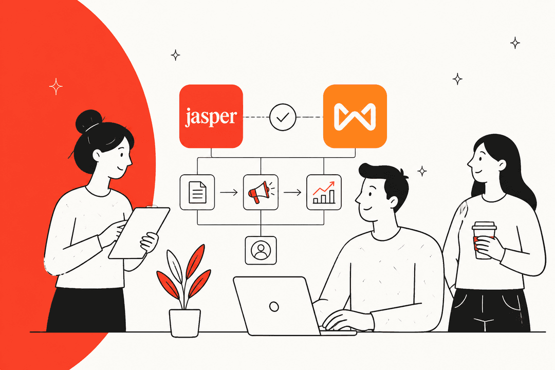 Illustration of a marketing team comparing Jasper and Writesonic, titled Jasper vs Writesonic for 2026