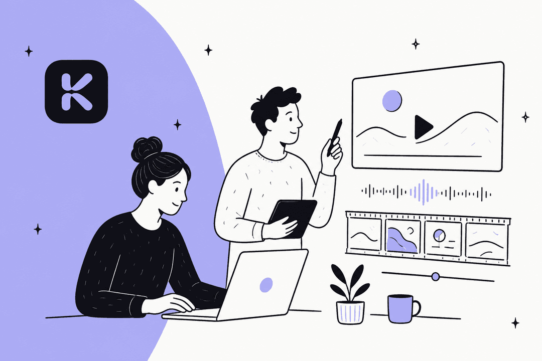 Hand-drawn illustration of creators working on AI video with the Kaiber logo, for Kaiber alternatives in 2026
