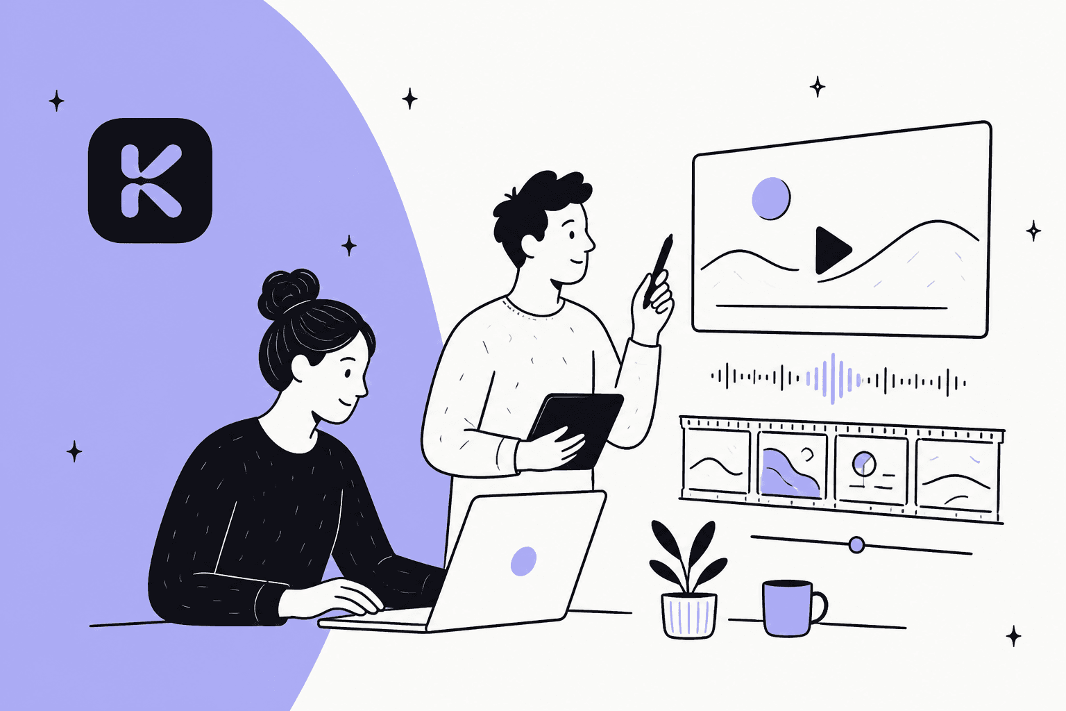 Hand-drawn illustration of creators working on AI video with the Kaiber logo, for Kaiber alternatives in 2026