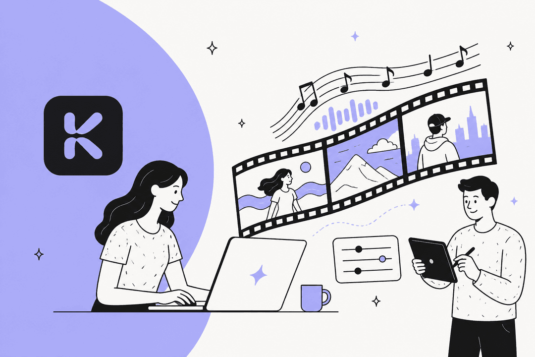 Hand-drawn illustration of creators editing AI video with the Kaiber logo, for a 2026 Kaiber overview