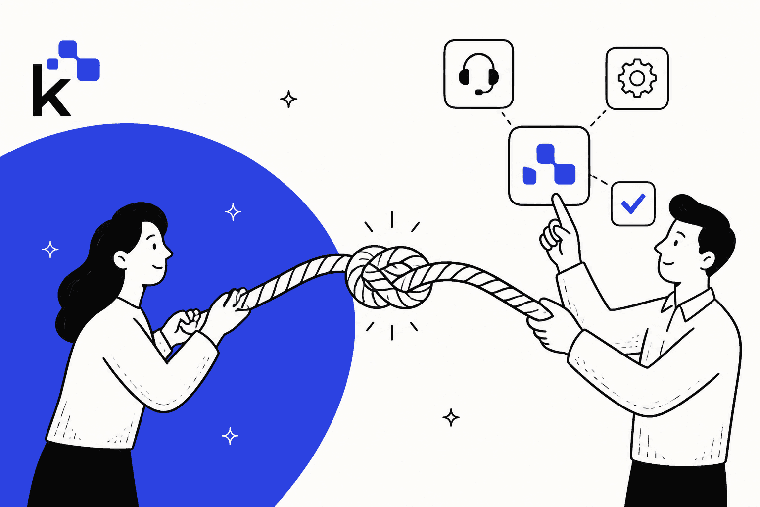 Two people pulling a knotted rope beside the Knots.io logo, illustrating Zendesk automation apps