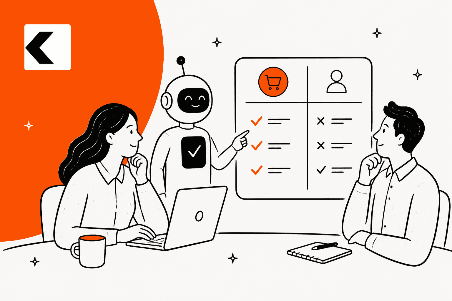 Hand-drawn illustration of two people reviewing an AI agent's checklist of results on a whiteboard, with the Kodif logo