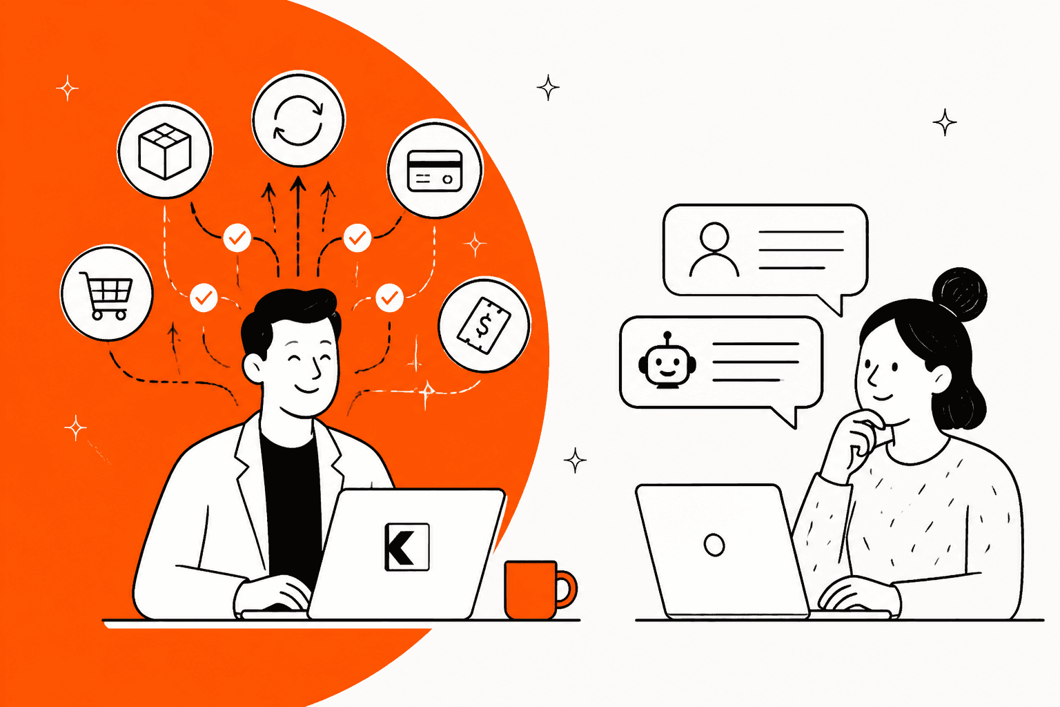 Hand-drawn illustration of a support lead at a Kodif laptop surrounded by order, refund and subscription actions, next to a second lead chatting with an AI teammate, on an orange background