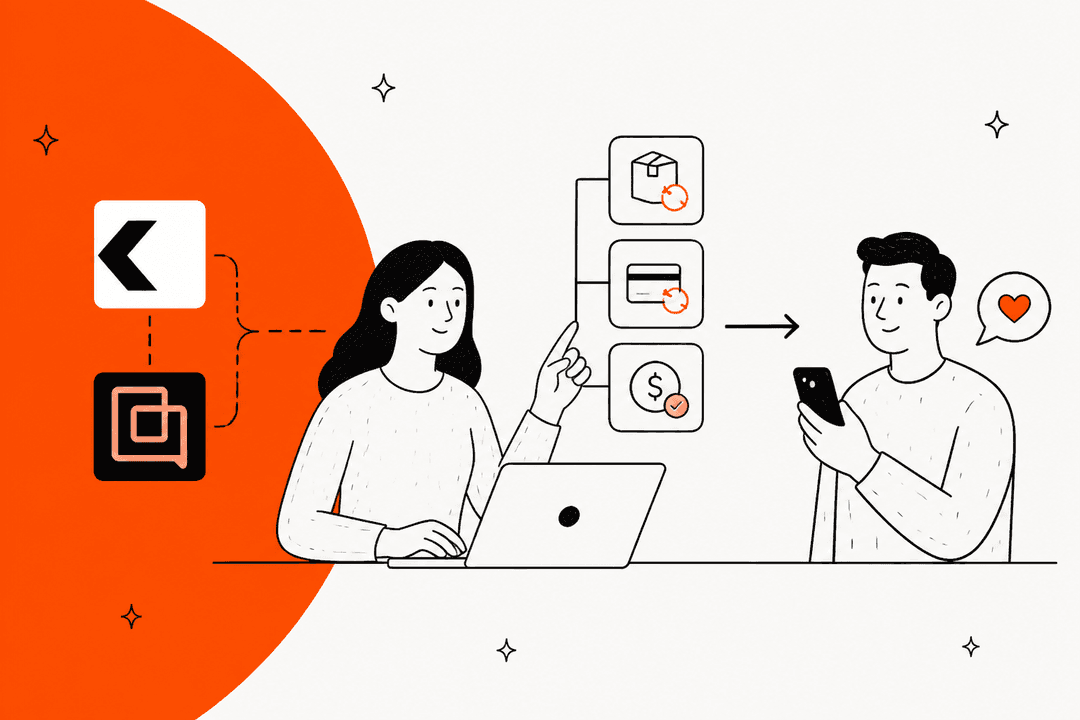 Hand-drawn illustration of a support lead linking the Kodif and Gorgias logos to order, payment and refund actions for a happy customer, on an orange background