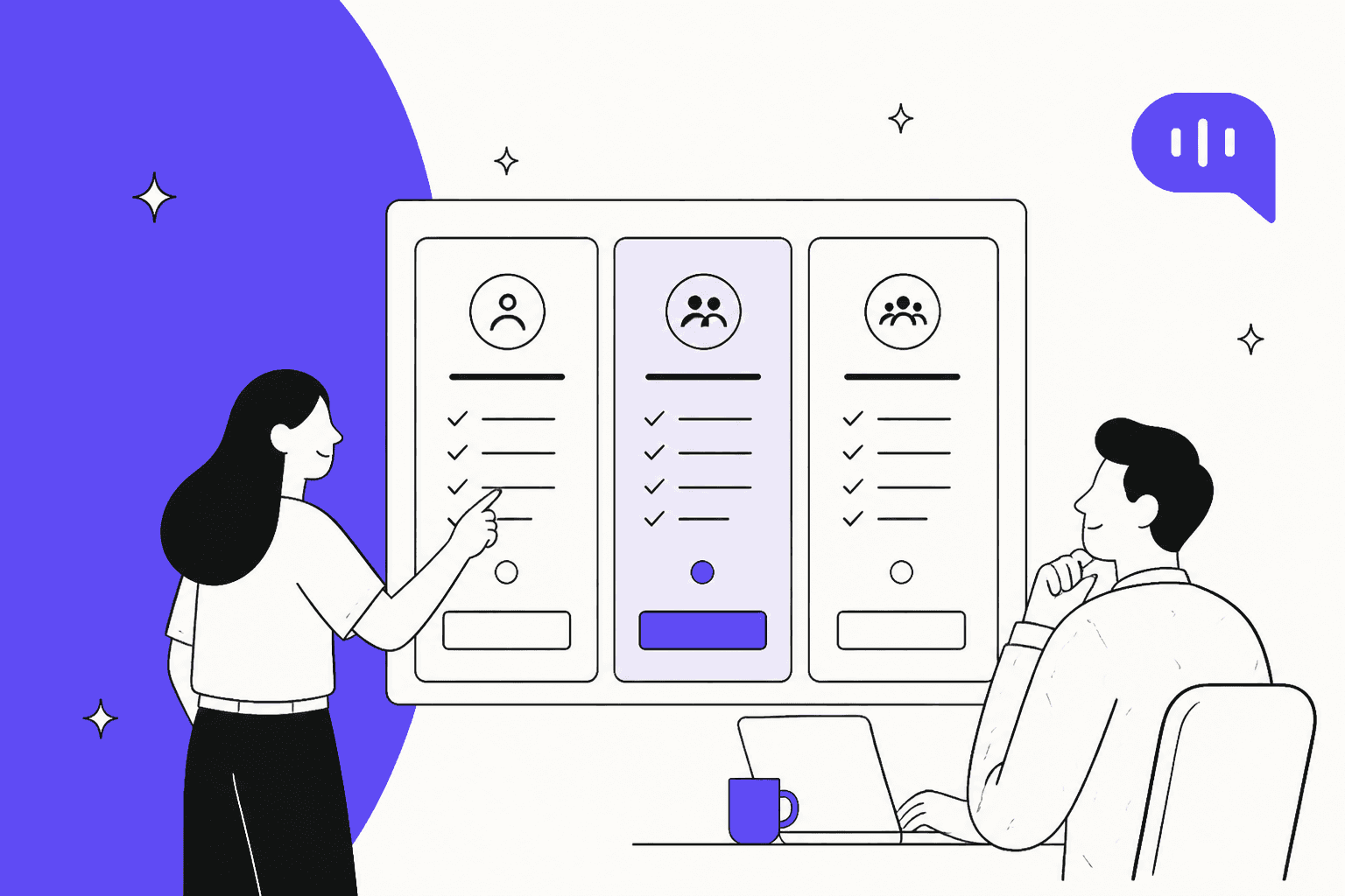 Two people reviewing a three-column pricing table next to the Kommunicate chat logo, Kommunicate AI pricing in 2026