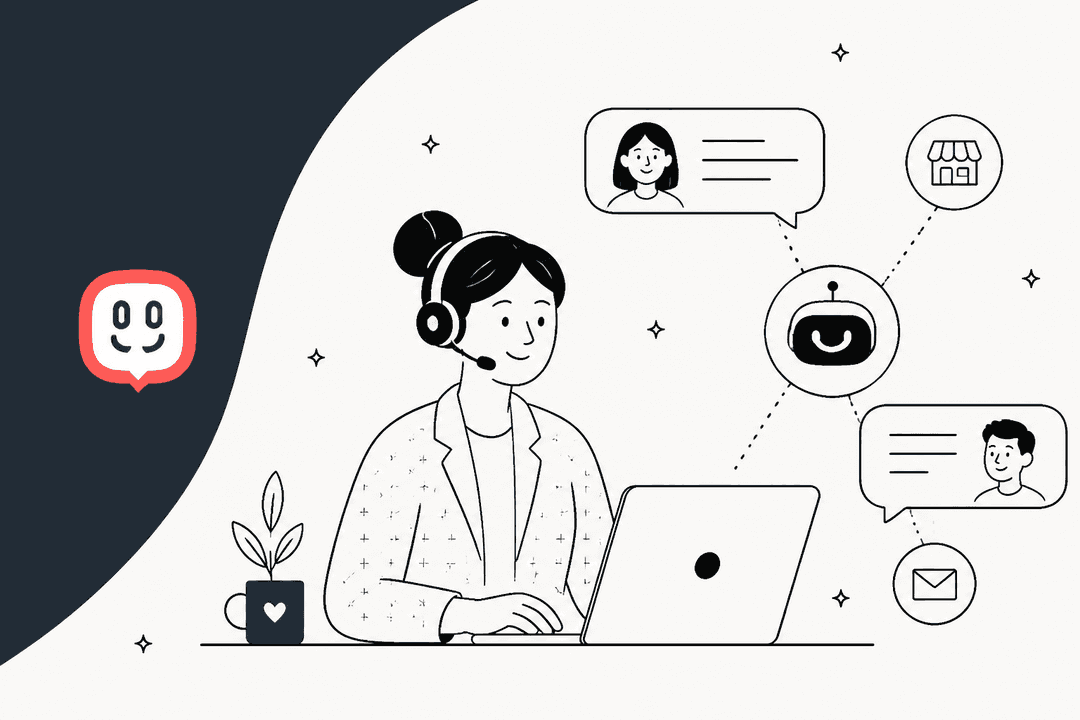 Hand-drawn illustration of a support agent at a laptop with an AI bot routing customer chats, email and store questions, next to the Kustomer logo on a dark slate background
