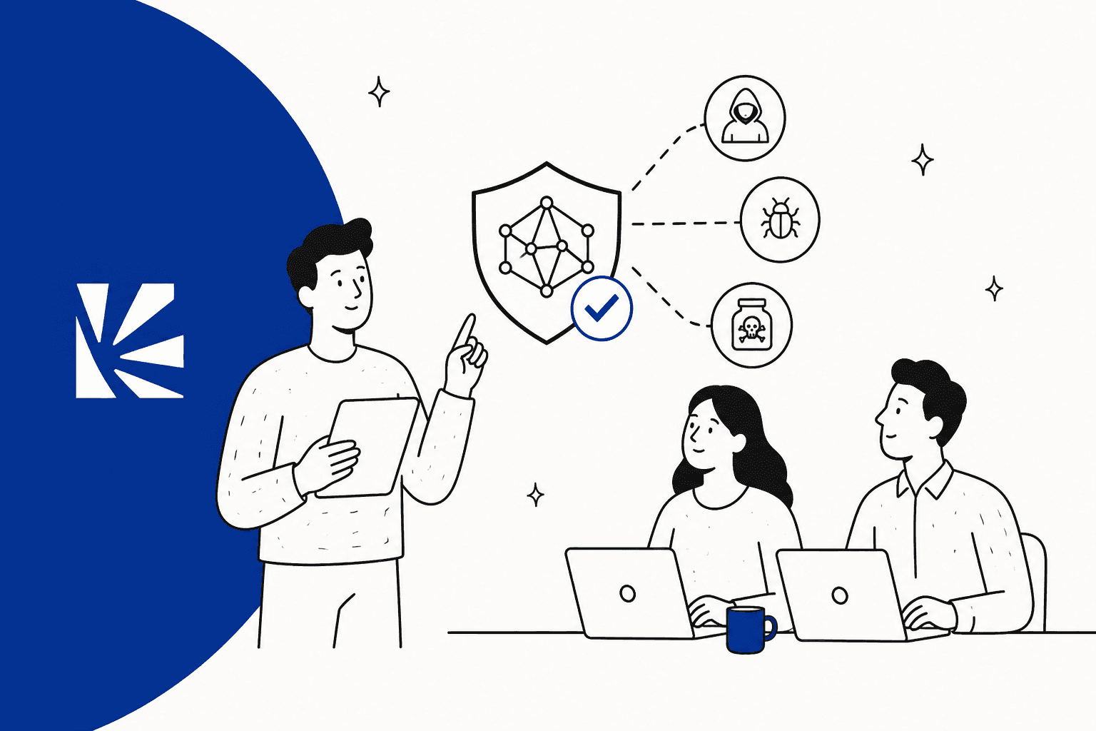 Three colleagues around a shield icon that blocks AI threats, illustrating the best Lakera alternatives for AI security in 2026
