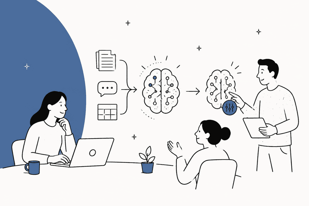 Hand-drawn illustration of documents and chats feeding a model being tuned by a team, in slate blue