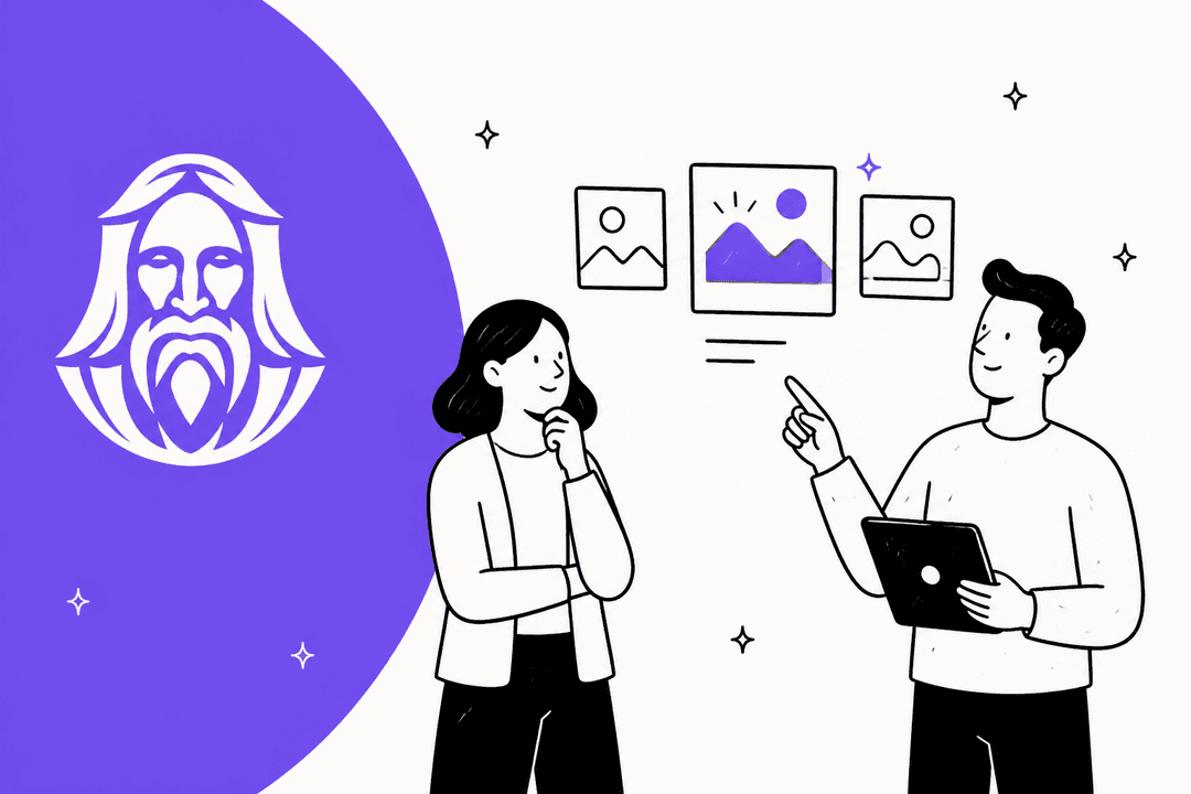 Two people comparing AI image generators beside a purple color block with the Leonardo AI logo