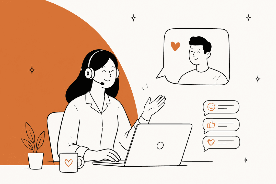 Illustration of a support agent with a headset chatting with a customer, beside an amber color block