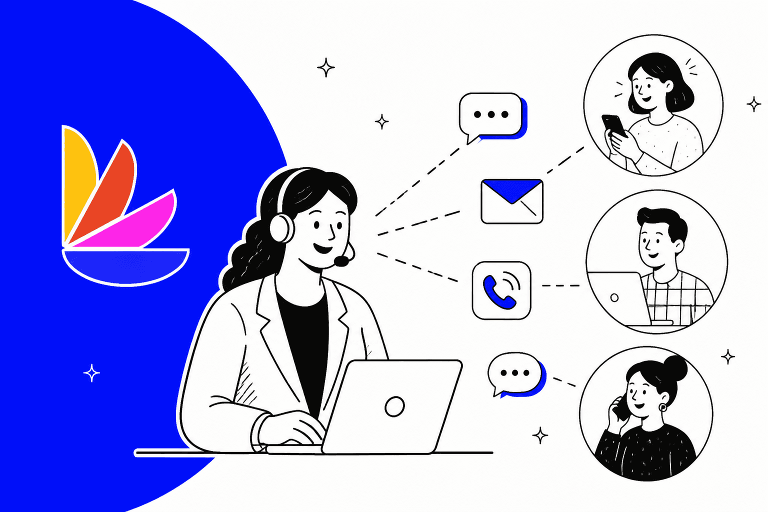 Hand-drawn illustration of a support agent with a headset connecting to customers over chat, email and phone, next to the Lorikeet logo